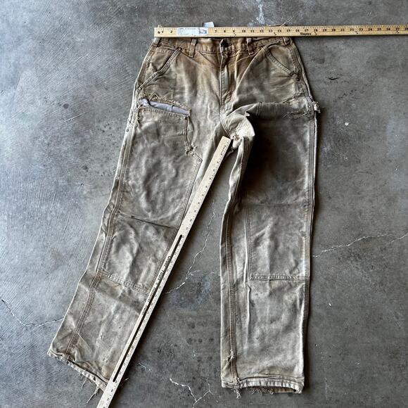 VINTAGE CARHARTT DOUBLE KNEE PANTS TAN B01 BRN USA FITS 30X30 THRASHED FADED - Picture 4 of 7